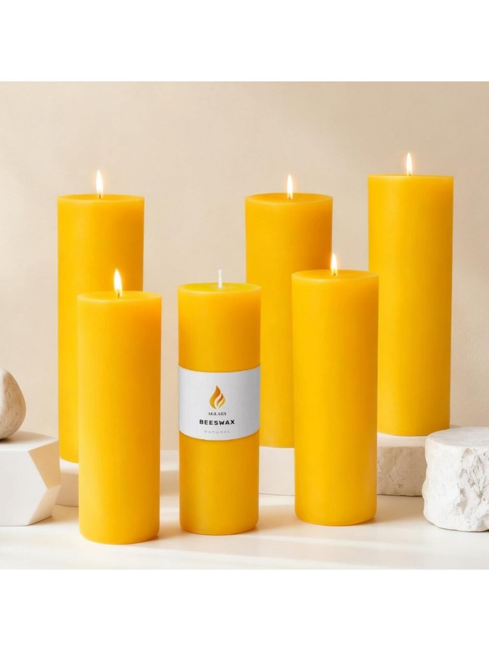 6-Pack Pure Beeswax Pillar Candles - 56 Hour Burn, Wedding Decor & Emergency Use